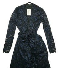 Ganni lace dress bow and long sleeves, navy blueblack, flowers, size 42 XL EU