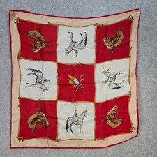 Equestrian Horse Square Scarf Red Cream Belt Print Silky Satin Rider 23x22