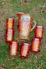 ANTIQUE NORTHWOOD RASPBERRY CARNIVAL GLASS 7 PIECE WATER SET - MARIGOLD