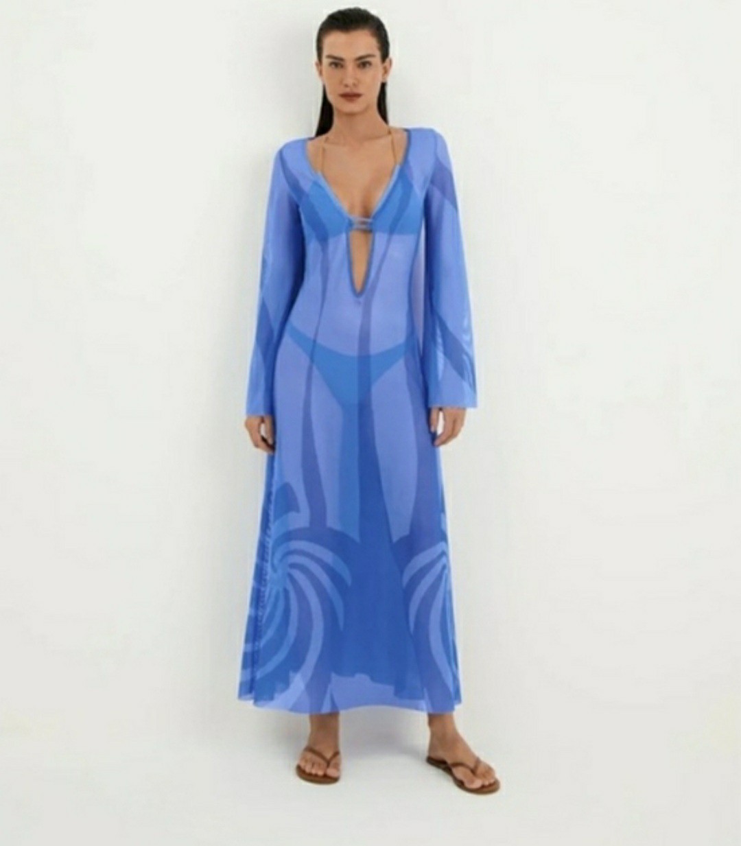 Caroline Constas womens resortwear Blue Print Long Sheer Mesh Caftan Cover Up