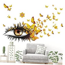 Creative Beautiful Girl Eyes Wall Sticker, Flying Butterfly Wall Decals, Yellow