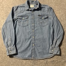 Wrangler Denim Pearl Snap Chambray Shirt Mens L Western Pockets Blue Cotton