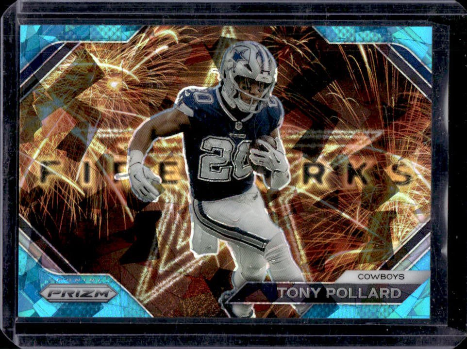 2023 Panini Prizm Tony Pollard Fireworks Prizm Blue Ice #39/99 Cowboys