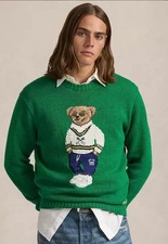 NWT Polo Ralph Lauren Green PREPPY TENNIS BEAR Linen Cotton Crewneck Sweater