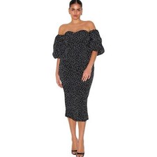 NWT PrettyLittleThing Black Polka Dot Bandeau Puff Sleeve MIDI Dress size 22