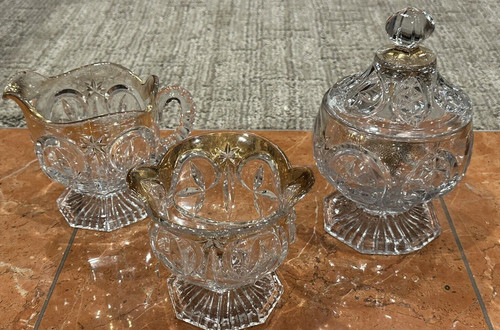 NEW MARTINSVILLE 1910 EAPG SUGAR BOWL LID CREAMER PITCHER GOLD TOBIN LEAF & STEM