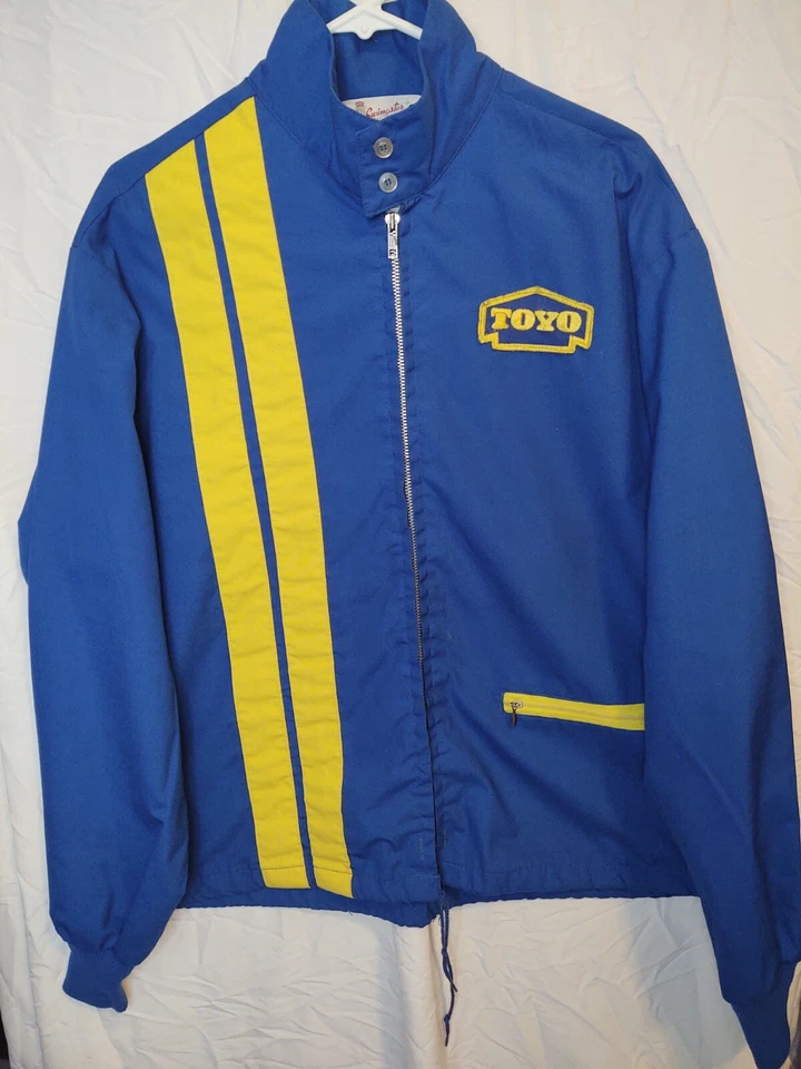 Chaqueta Camisa Swingster TOYO Neumáticos Vintage Grande Años 70 Azul Amarillo Rayas Carreras Foto 2 de 4