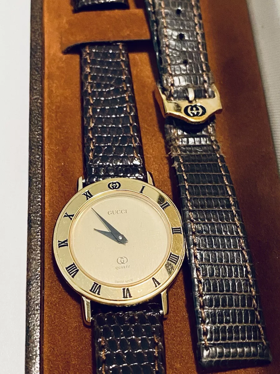 gucci classic watch 3001L Gold And Leather Strap Original Box And Paperwork