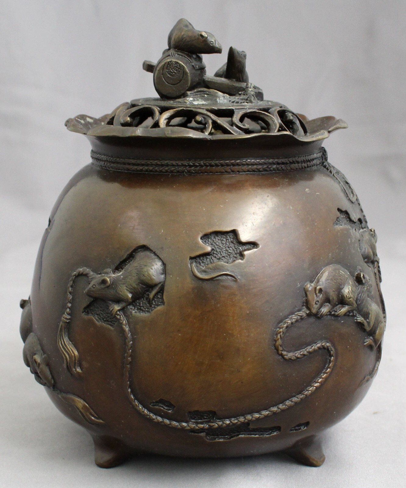 Japanese Bronze Tripod Koro Censer Incense Burner Mouse Mice Tying Daikoku's Bag eBay