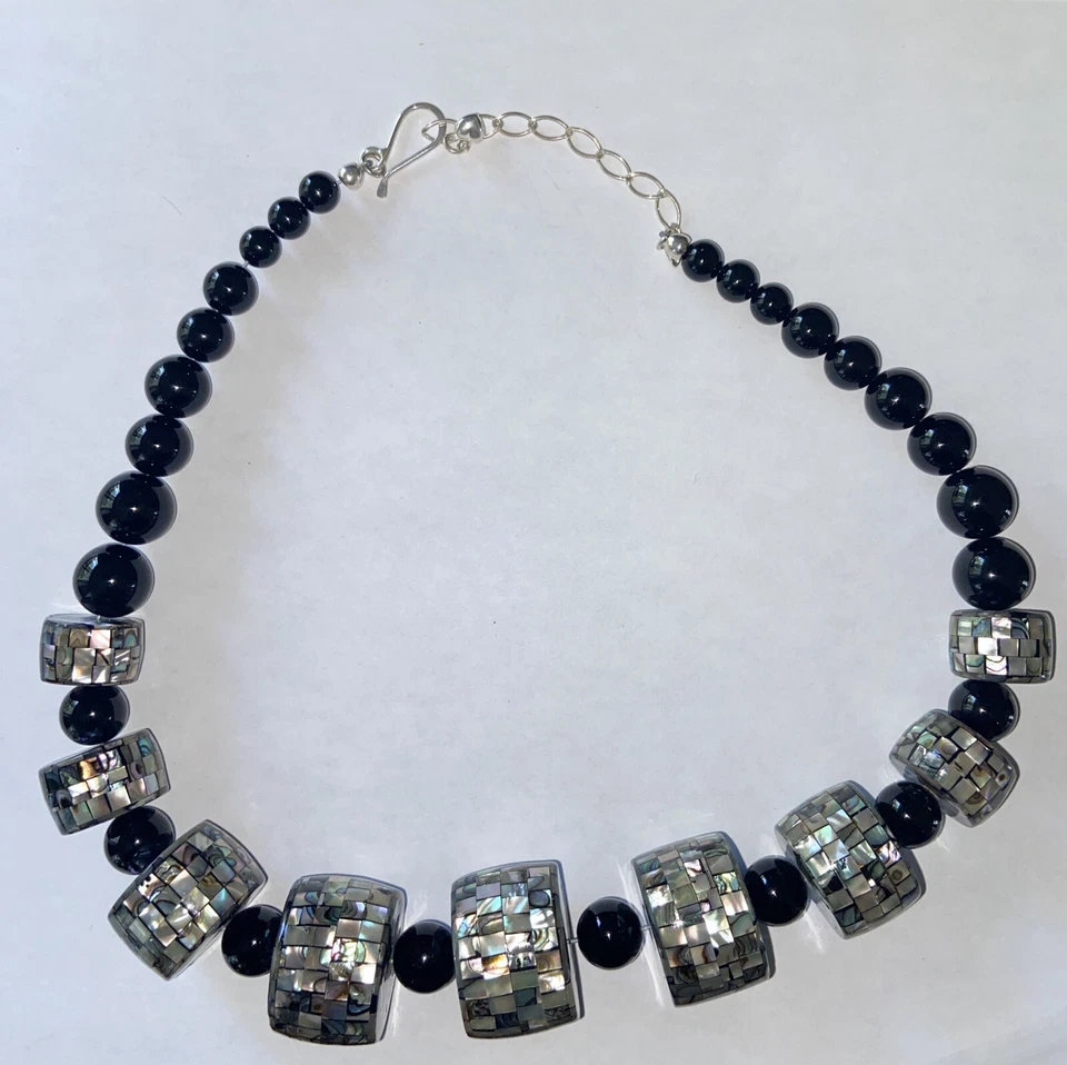 Collar Jay King Negro Ónix Madreperla Abulón Mosaico Esterlina con Pendientes Foto 2 de 4
