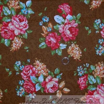 BonEful Fabric FQ Cotton Quilt VTG Brown Flower Rose Paisley Shabby Chic Garden