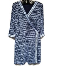 Talbots Small Petite Navy White Geo Belted Faux-Wrap Shift Dress 3/4 Sleeve