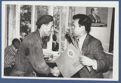 Handshake of two guys in a factory, sweaty winks Soviet Vintage Photo USSR
