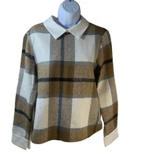 Shein Blouse Sweater Women Small Flannel Collar Keyhole Back Plaid Checker Tan