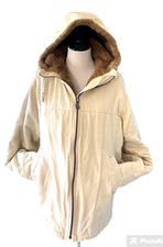 Womens Hemp Hoodlamb Size Large Jacket Coat Hooded Cream Fur Lined Canvas Heavy