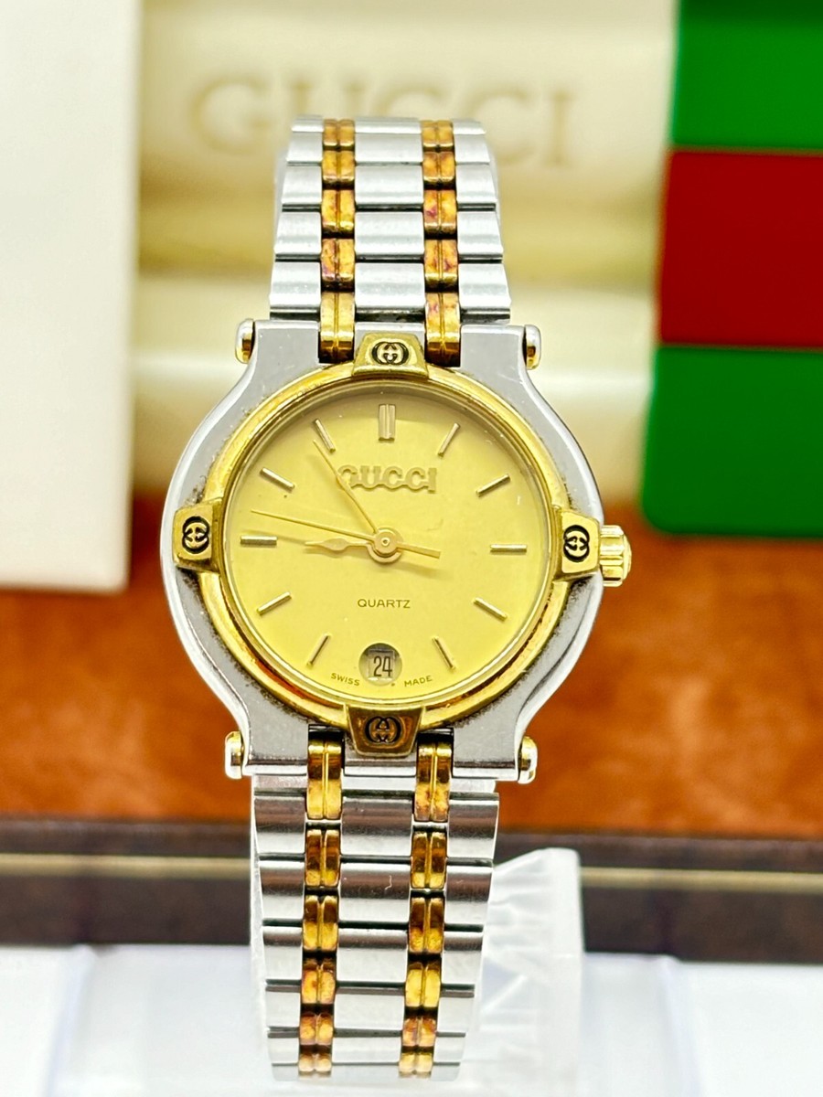 Exc+5 w/Box ] Gucci 9000L Two Tone Steel Gold Dial Quartz Watch
