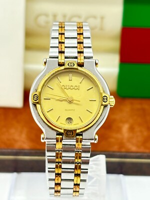 Exc+5 w/Box ] Gucci 9000L Two Tone Steel Gold Dial Quartz Watch
