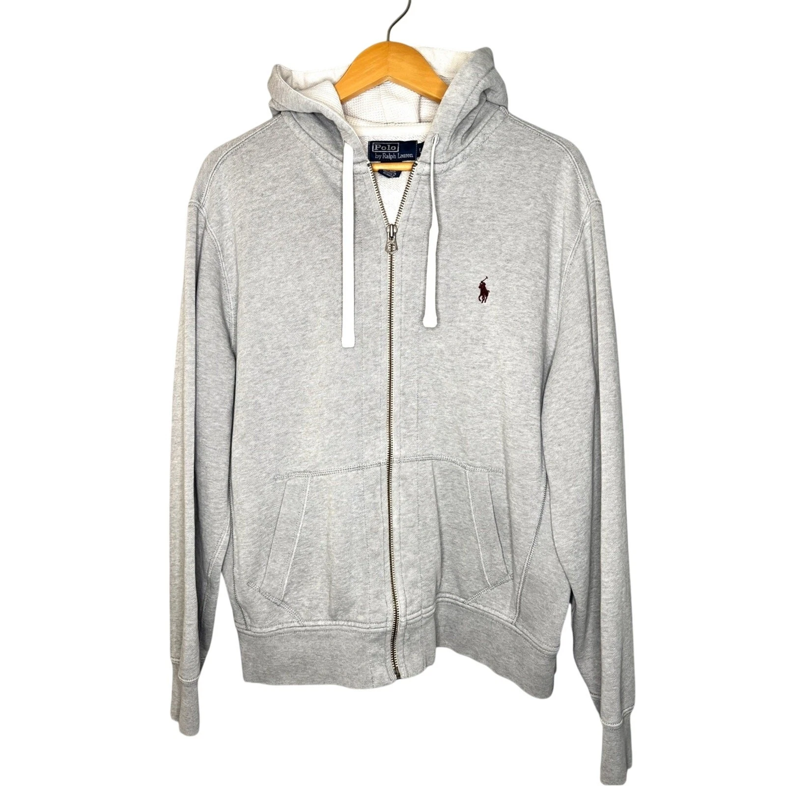 Polo Ralph Lauren Vintage 90s Y2K Thermal Hood Zip Front Sweatshirt Gray L