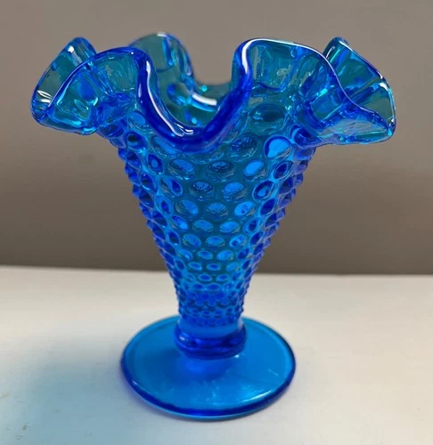 Vintage Mini Hobnail Fenton Vase Ruffled Edge Crimped Trumpet Bright Blue 4"