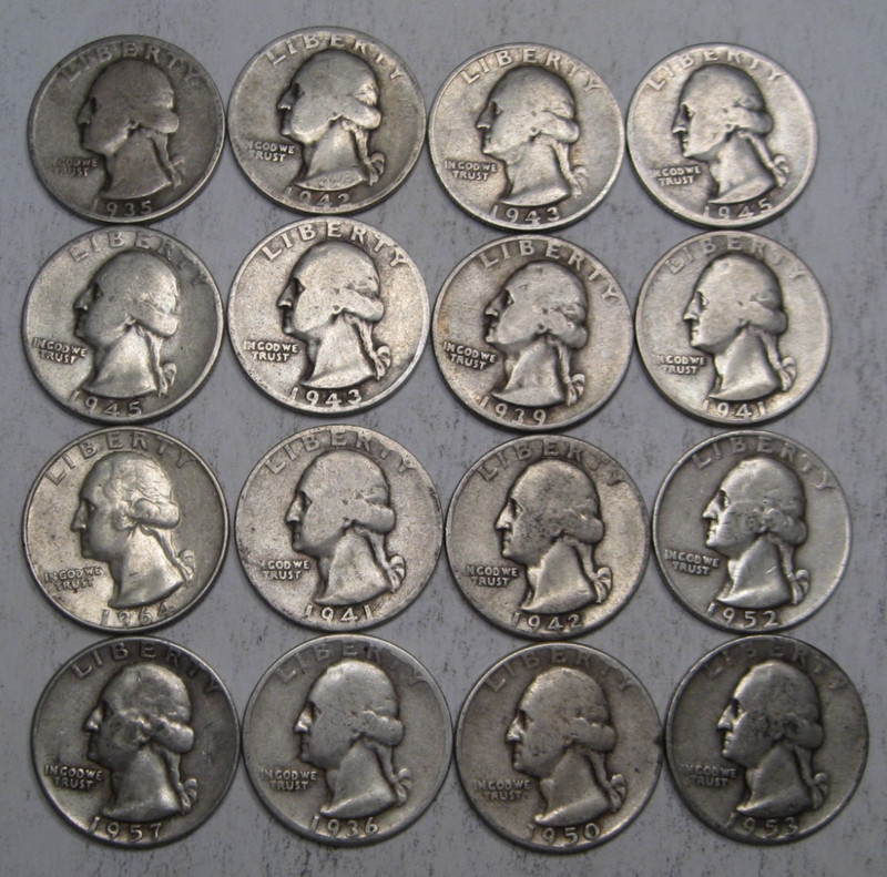 16 ($4.00 Face) 90% Silver Quarters Junk/Constitutional. #23 w