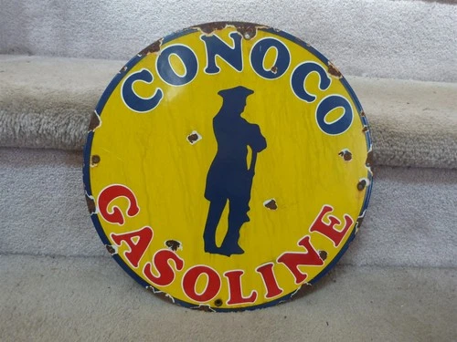 VINTAGE Conoco Gasoline Minuteman Porcelain Enamel Sign 11 3/4"