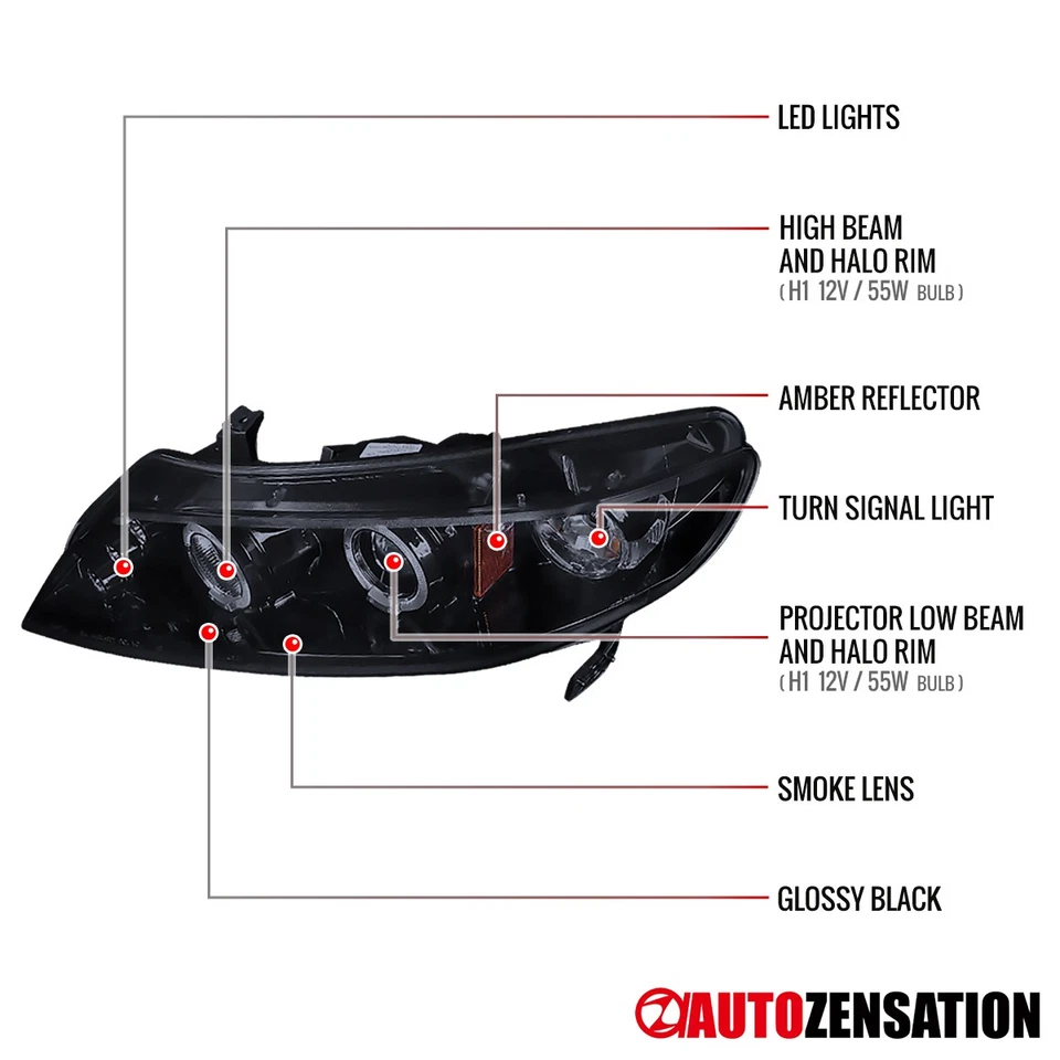 Fit 2006-2011 Honda Civic Sedan Black Smoke LED Halo Projector Headlights 06-11 Foto 4 de 4
