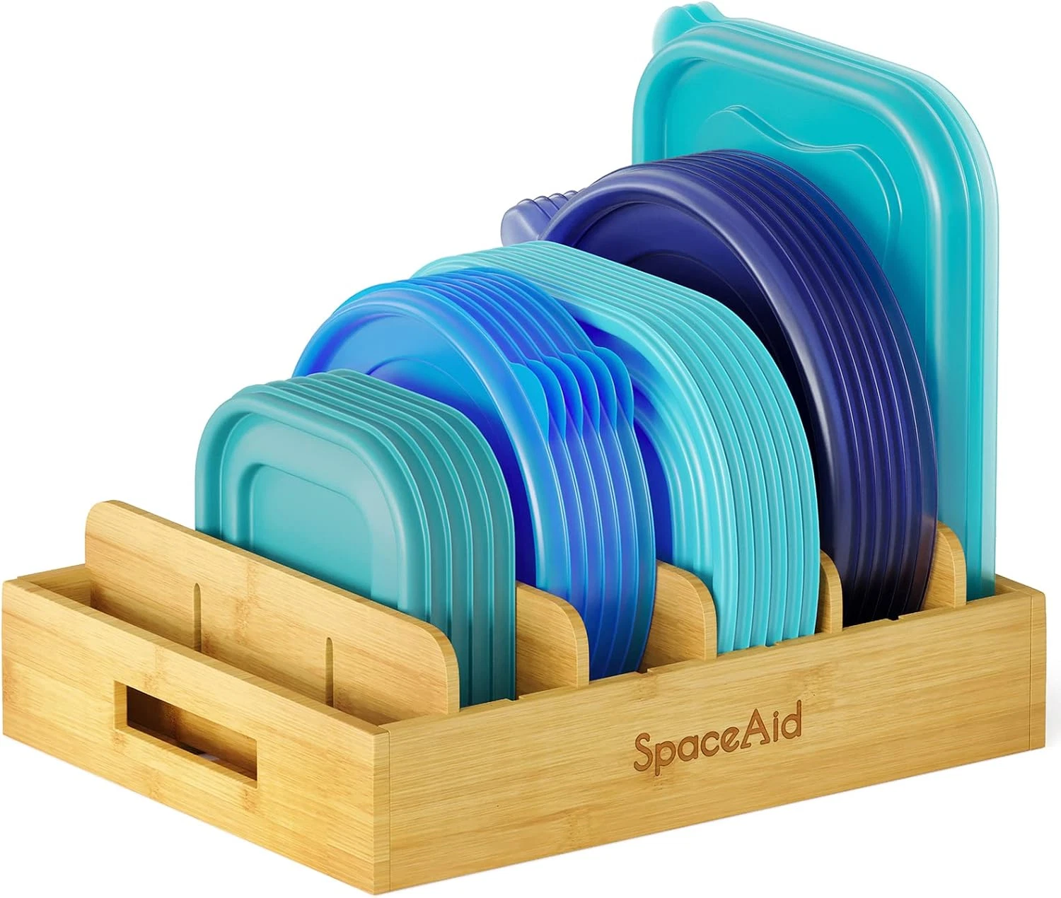 Bamboo Lid Organizer with Adjustable Dividers for Kitchen Storage