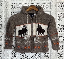 Vtg Invisible World KIDS Wool Blend Moose Fair Isle Full Zip Cardigan With Hood