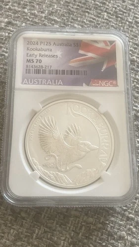 2024 Australia 1oz Silver Kookaburra  NGC Graded MS70 Early Release Flag Label