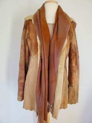 Escada suede shearling fur coat ivory tan beige brown gray small 38 Med 6 8 10