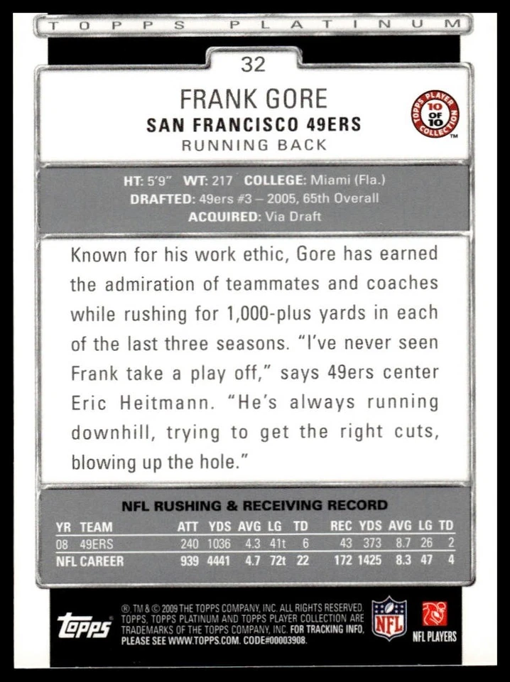 2009 Topps Platinum Frank Gore #32 - Image 2 of 2