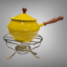 Vintage Yellow Dolphin Fondue Pot & Stainless Steel Stand