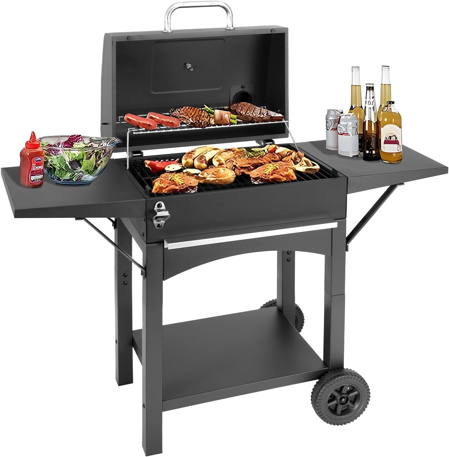 Ultimate Large Charcoal Grill with Side Shelf & Warming Rack