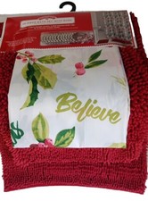 15 Piece Bath Set Christmas Curtain Rugs Hooks Holiday Pretty Berries Decor