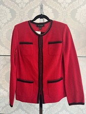 ST. JOHN Black Label Red Black Knit Hook Front Long Sleeve Jacket Sz 6 1695