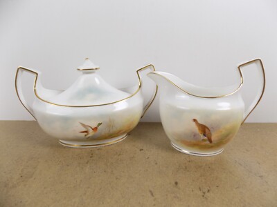 Royal Worcester Game Bird Creamer & Sugar Bowl Hand Painted L. Maybury   (c!@b4)