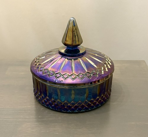 Vintage Indiana Glas Pfau blau Karneval irisierend Süßigkeiten Schale Schüssel mit Deckel - Bild 2 von 8