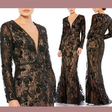 NWT 798 Mac Duggal 18 Embellished Long Sleeve Plunge Neck Gown Black G1737