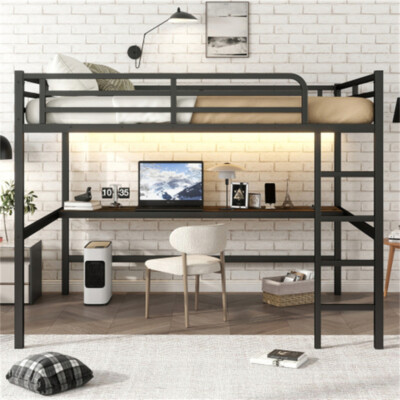 Metal Queen Size Loft Bed with Power Outlet and LED Lighted, Space-Saving, Black