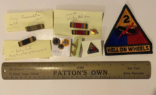 Vintage 13 WW-2 military ribbons  American Legion pins Second Armored Division
