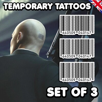 ALUNACREATES UK Agent 47 - Hitman Temporary Tattoo Cosplay Realistic Barcode SET OF 3