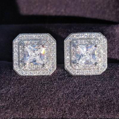 4Ct Lab Created Princess Cut Diamond Halo Stud Earrings 14K White Gold Finish
