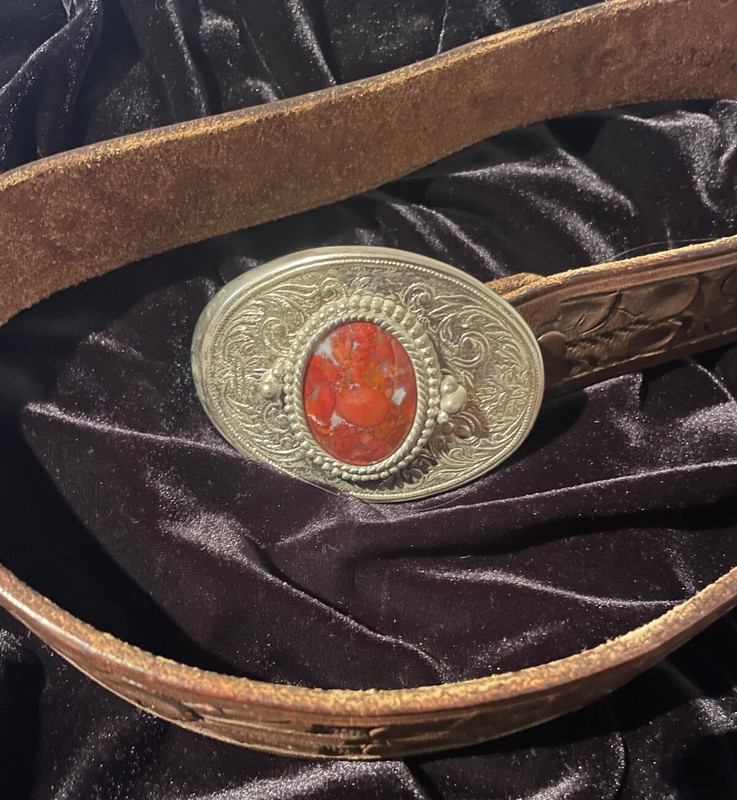 vintage tooled belt and silver buckle with large stone 34" from movie set