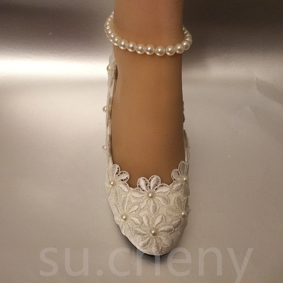 su.cheny White light ivory snow wedges pearls anklet lace Wedding Bridal shoes - Image 3 of 4