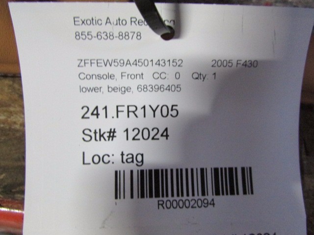 Ferrari F430, Front Lower Console, Beige, Used, P/N 68396405