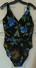 Swimslimmer Blue/Black Bold Hibiscus Swimsuit Shirred Slimming One-Piece size 16