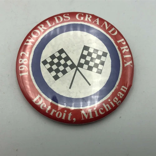 Worlds Grand Prix Pinback Auto Racing Detroit MI Badge Button Pin 1982 Vintage