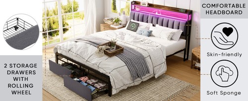 Full/Queen/King Size LED Upholstered Bed Frame with Drawers & Charging Station - Picture 11 of 30