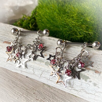 PAIR 14g Falling Stars Gem Nipple Rings Shields Barbells Body Piercing Jewelry