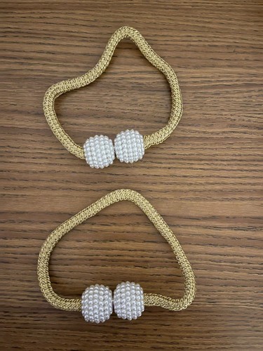 2 Pack Magnetic Sheer Blackout Curtain Tiebacks/ Weave Rope Holdback Gold/Pearl - Picture 2 of 8